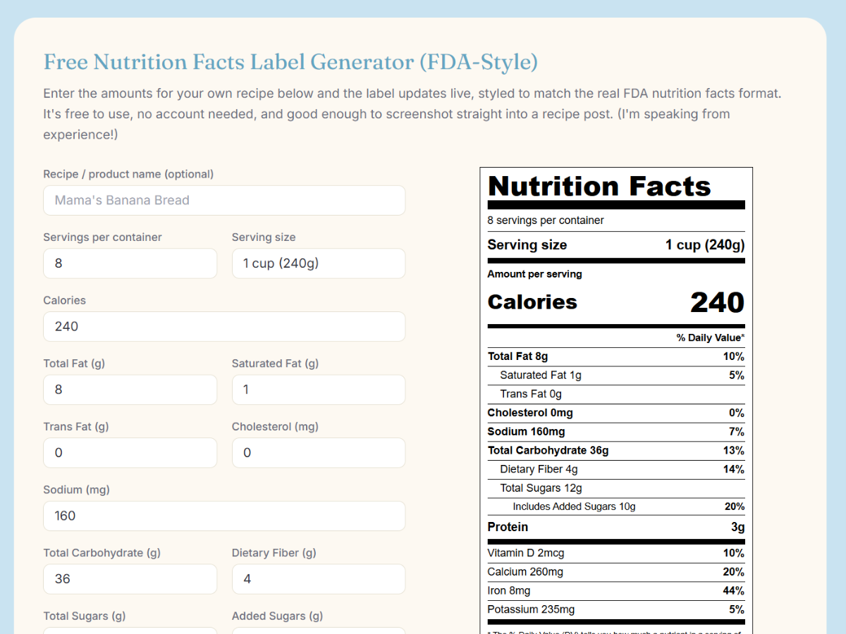 Image of the nutrition facts label page